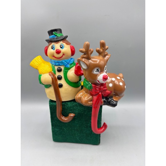 Other - Vintage 2 Pc Christmas Stocking Holder‎ Snowman Reindeer Mantel Decor